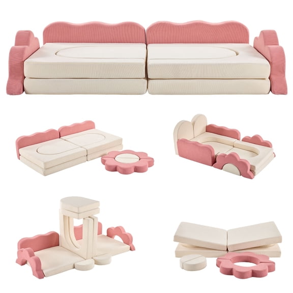 12-Piece Modular Kids Sofa All-Sponge Design Free Combination  Pink & White Colorblock Corduroy Fabric