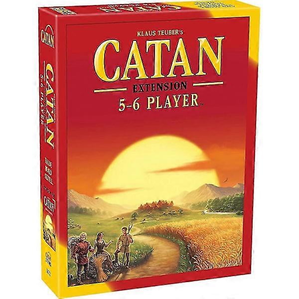 Catan Board Game, Expansion for 5-6 Players, Family Game. The box features vibrant artwork of a sunset over a rural landscape with fields, mountains, and a winding path. This expansion adds green and brown player pieces, 2 harbors, and 11 terrain tiles, allowing up to 6 players to enjoy the strategic gameplay of Catan. Requires the Catan base game to play.