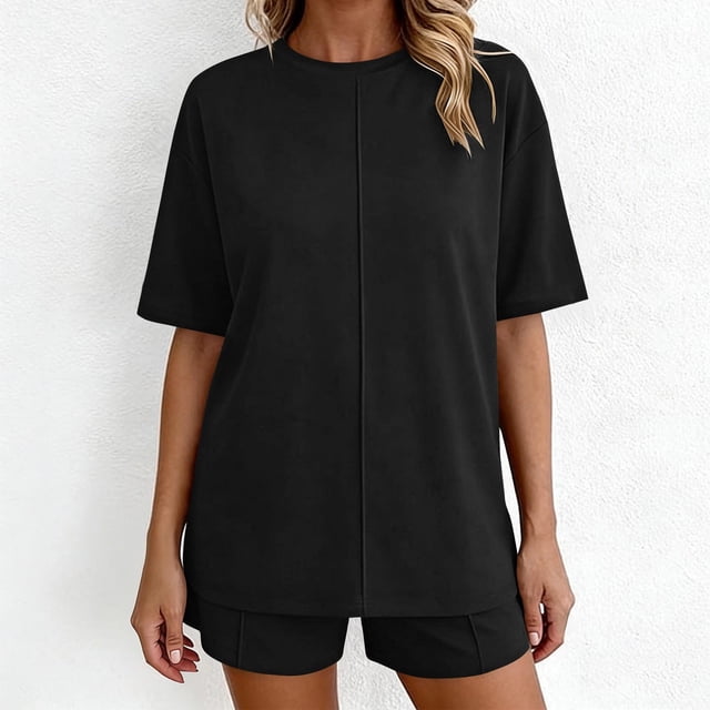 TaTaai Women's Summer Lounge Set Short Sleeve Round Neck T-Shirt and Elastic Waist Shorts Solid Color Matching Two Piece with Pockets for Comfortable Daily Wear Gift
