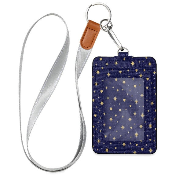 PU Leather Badge Holder Lightweight ID Card Holder with Window Pocket Night Heart Pattern
