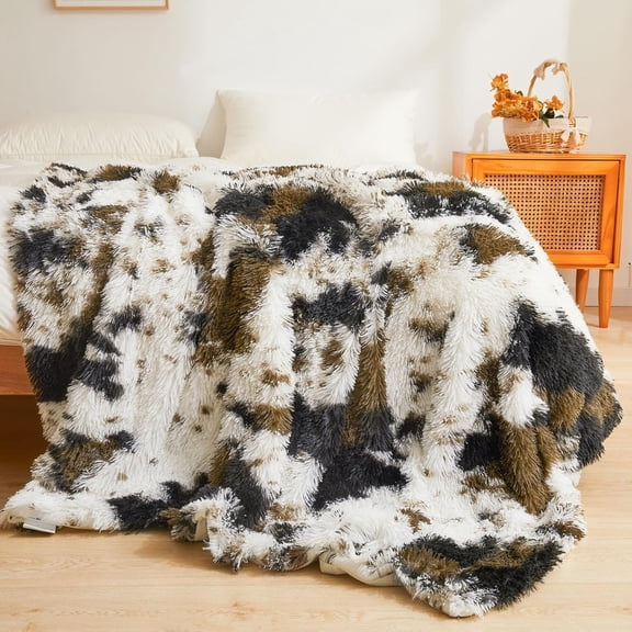ARLAJO Luxury Faux Fur Throw Blanket, Soft Cow Print Big Fluffy Bed Blanket, Shaggy Plush Decorative Couch Blanket, Cute Furry Animal Print Fuzzy Blanket for Bedroom Living Room, Cow Brown, 60X80