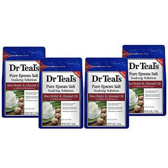 Dr. Teal's Epsom Salt Shea Butter Almond Oil Bath Soaking Solution with Essential Oils - Pack of 4, 3 lb Resealable Bags - Soften and Moisturize Your Skin, Relieve Stress and Sore Muscles