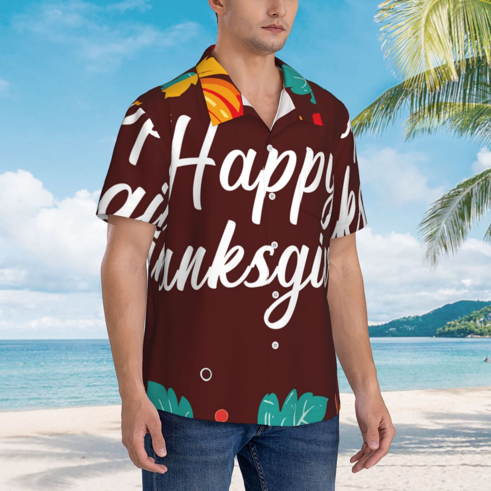 Logiee Happy Thanksgiving Print Mens Hawaiian Shirts,Loose-Fit Short Sleeve Button Down Tropical Aloha Beach Shirt,Summer Vacation Wedding Tops,Medium