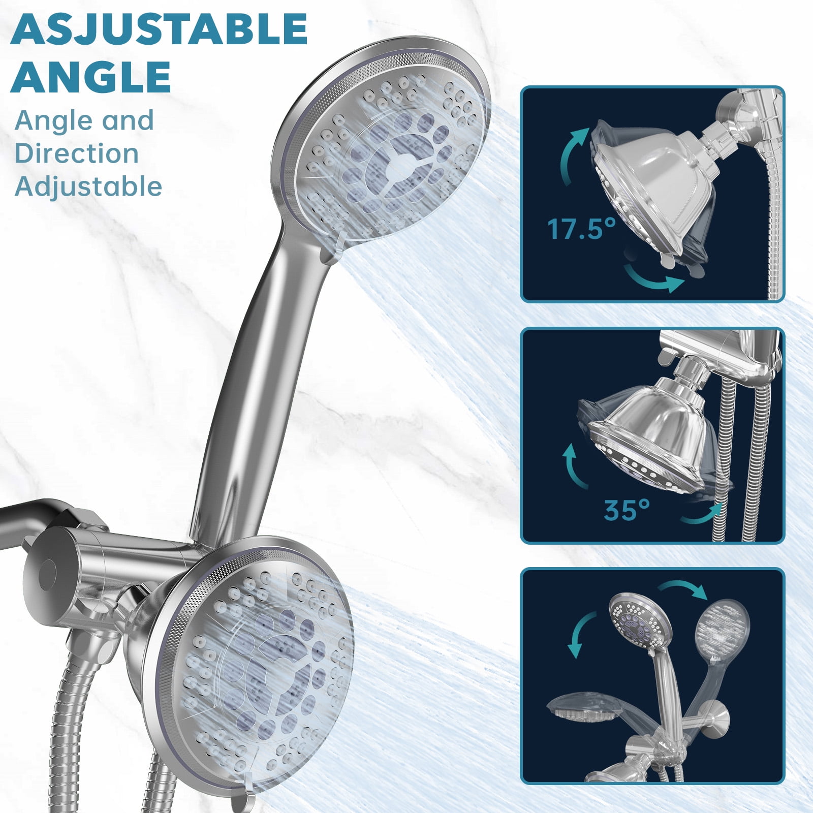 Cshidworld Premium High Pressure Dual Shower Head, 3-Way Rainfall Combo, 5 Spray Handheld Shower Head and 5 Spray Rain Showerhead with 60” Stainless Steel Hose Separately or Together, Chrome