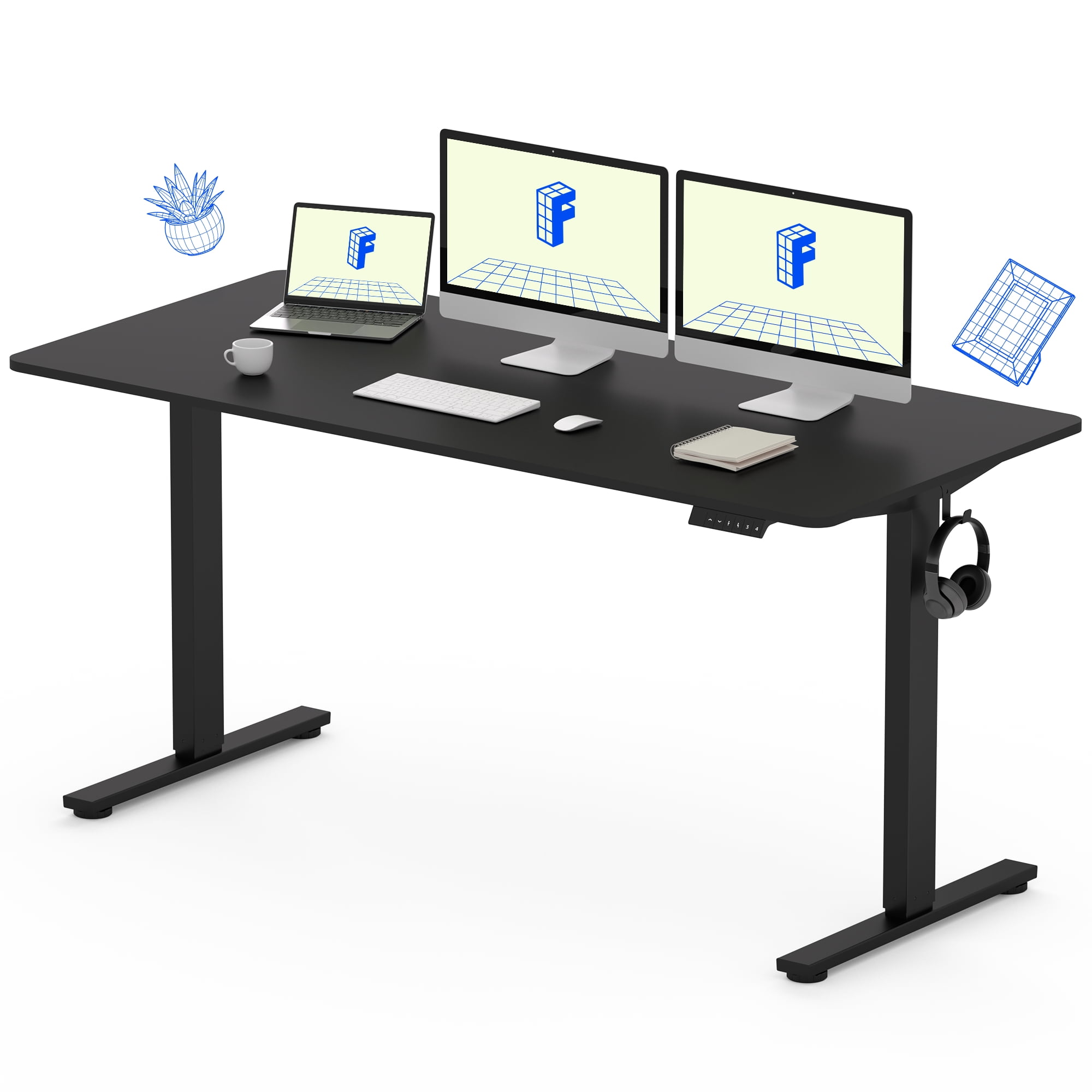 FitStand 60"x24" Home Office Height Adjustable Standing Desk with Hooks, Ergonomic Electric 2-Stage Stand Up Computer Desk, Black