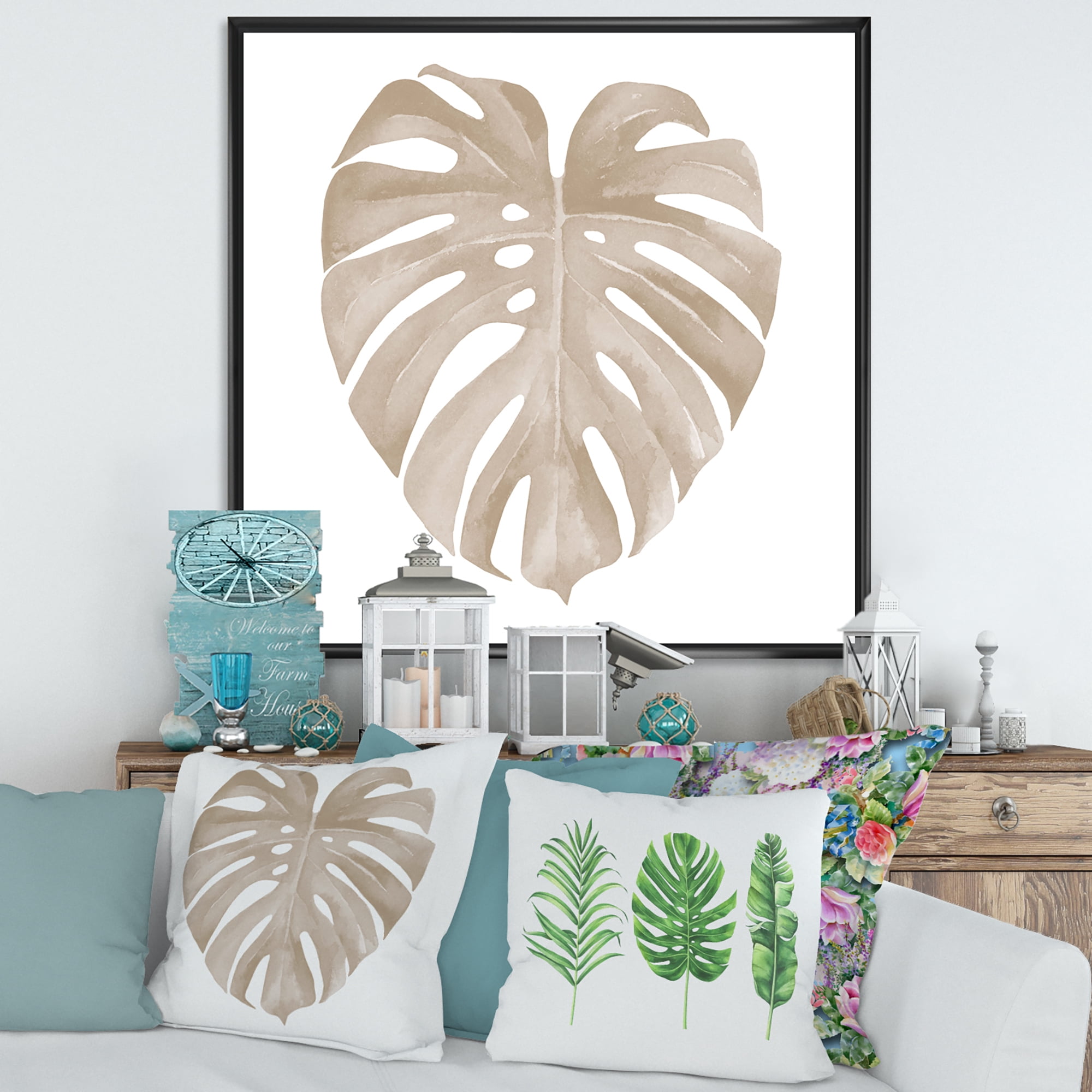 Designart 'Beige Ivory Pastel Monstera Heart Shaped Tropical Leaf' Traditional Framed Canvas Wall Art Print