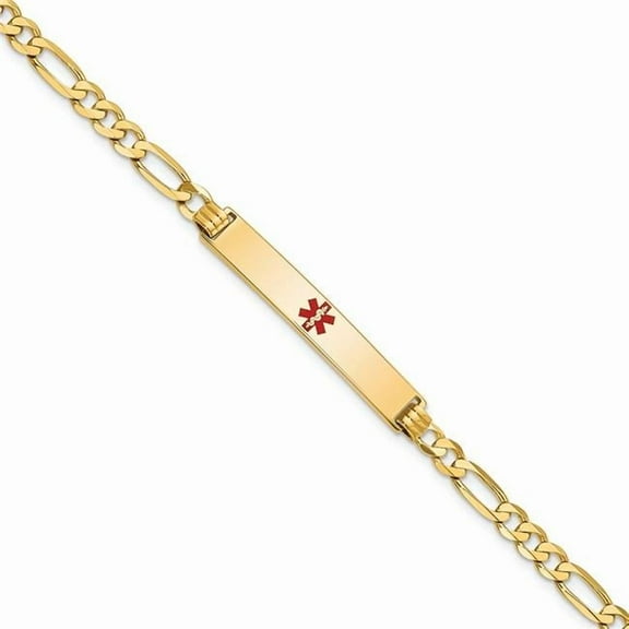 Primal Gold 14 Karat Yellow Gold Medical Red Enamel Flat Figaro Link ID Bracelet