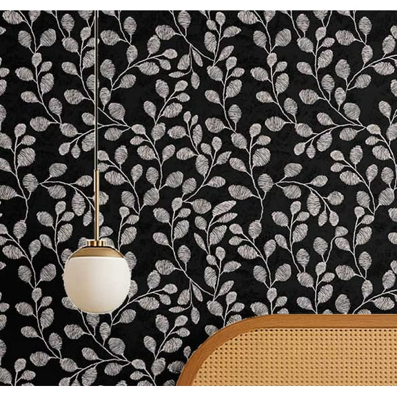 S4Sassy Self-Stick Decorative Wallpaper, Feathered Foliage Wall Paper, Vinyl Waterproof Contact Paper, Black, 25"x60" Removable Renter Friendly Wall Covering For Bedroom, Dining room