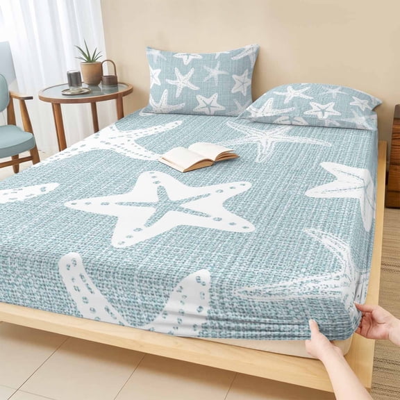 Twin XL Size Fitted Sheet Set - Coastal Starfish 2 Piece Bedding Sets 16" Deep Pocket Fitted Sheet with 1 Pillowcases, Sky Blue Nautical Vintage Marine Life Brushed Microfiber Hotel Luxury Bed Sheets