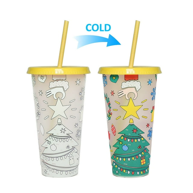 Oleegame 1PC Glass Bottle Christmas Color Changing Cup PP Coffee Plastic Single Layer Temperature Sensitive Color Changing Color Changing Cup Yellow