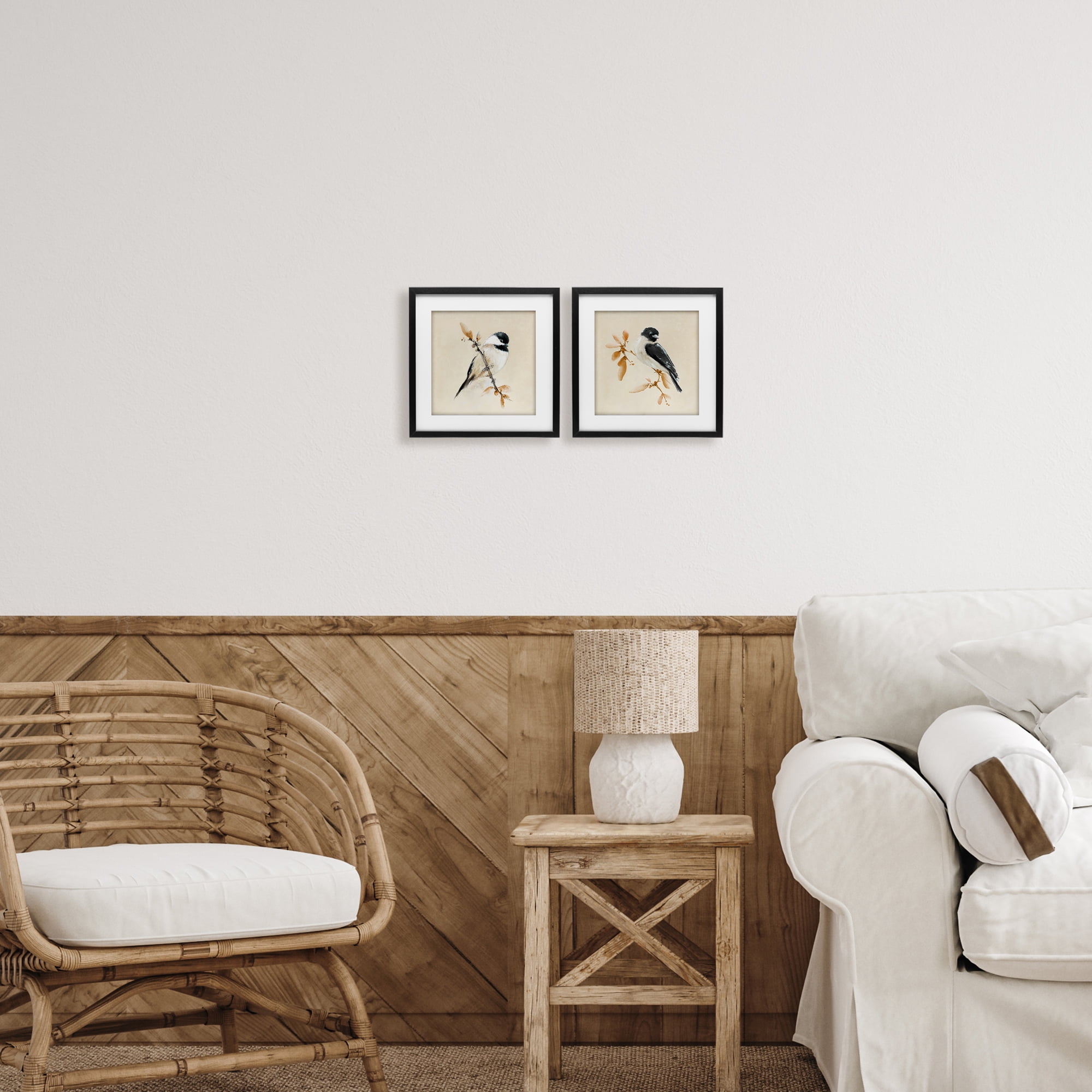 Stupell Industries Muted Chickadees on Beige 2 Piece Black Framed Print Under Glass Set, design by Diannart