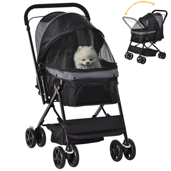 4 Wheels Pet Stroller with Reversible Handle and Brake, Black