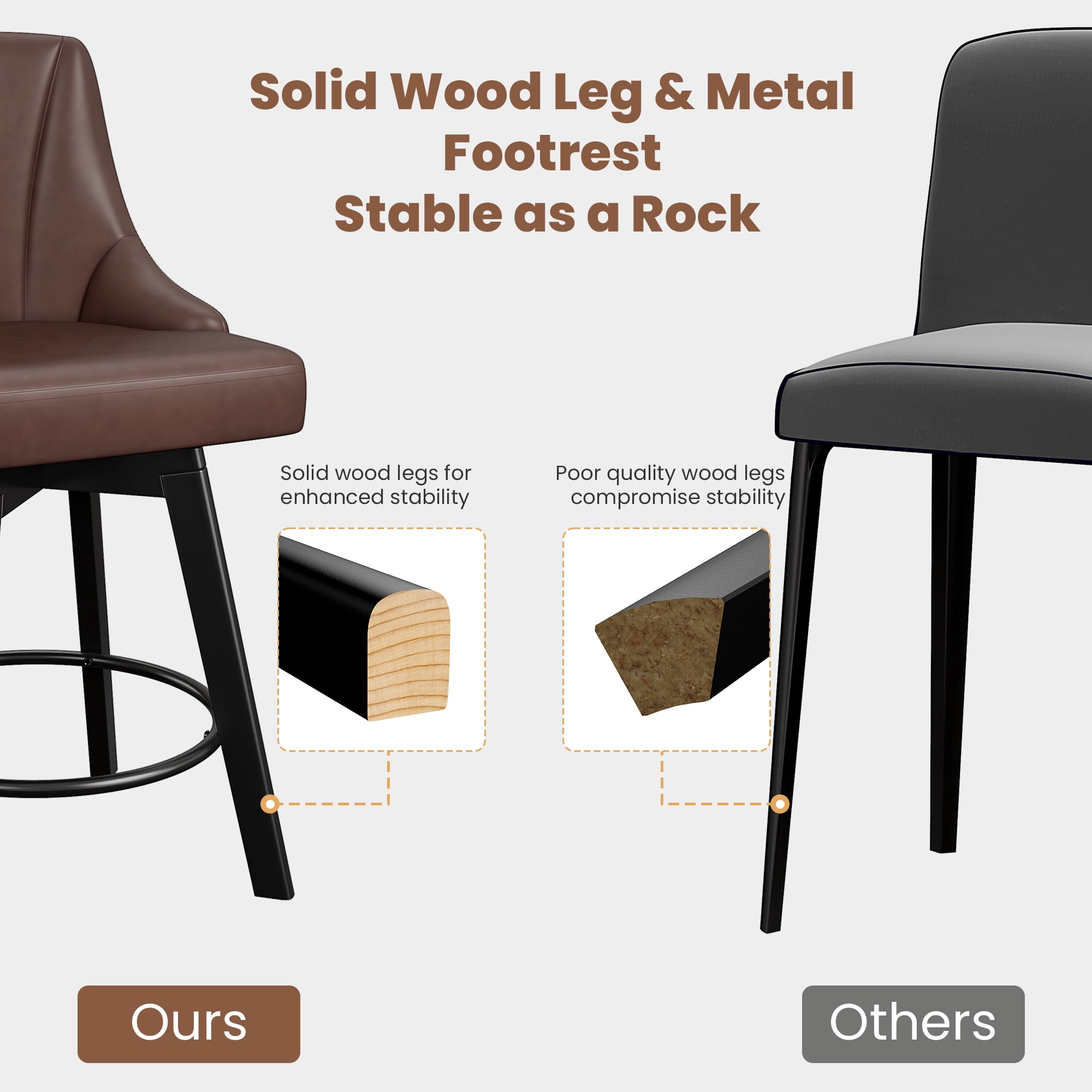 LainTene 24" Counter Height Swivel Bar Stools Set of 6, PU Leather Upholstered Counter Barstools with Solid Wood Legs and Backs for Kitchen Island, Home Bar