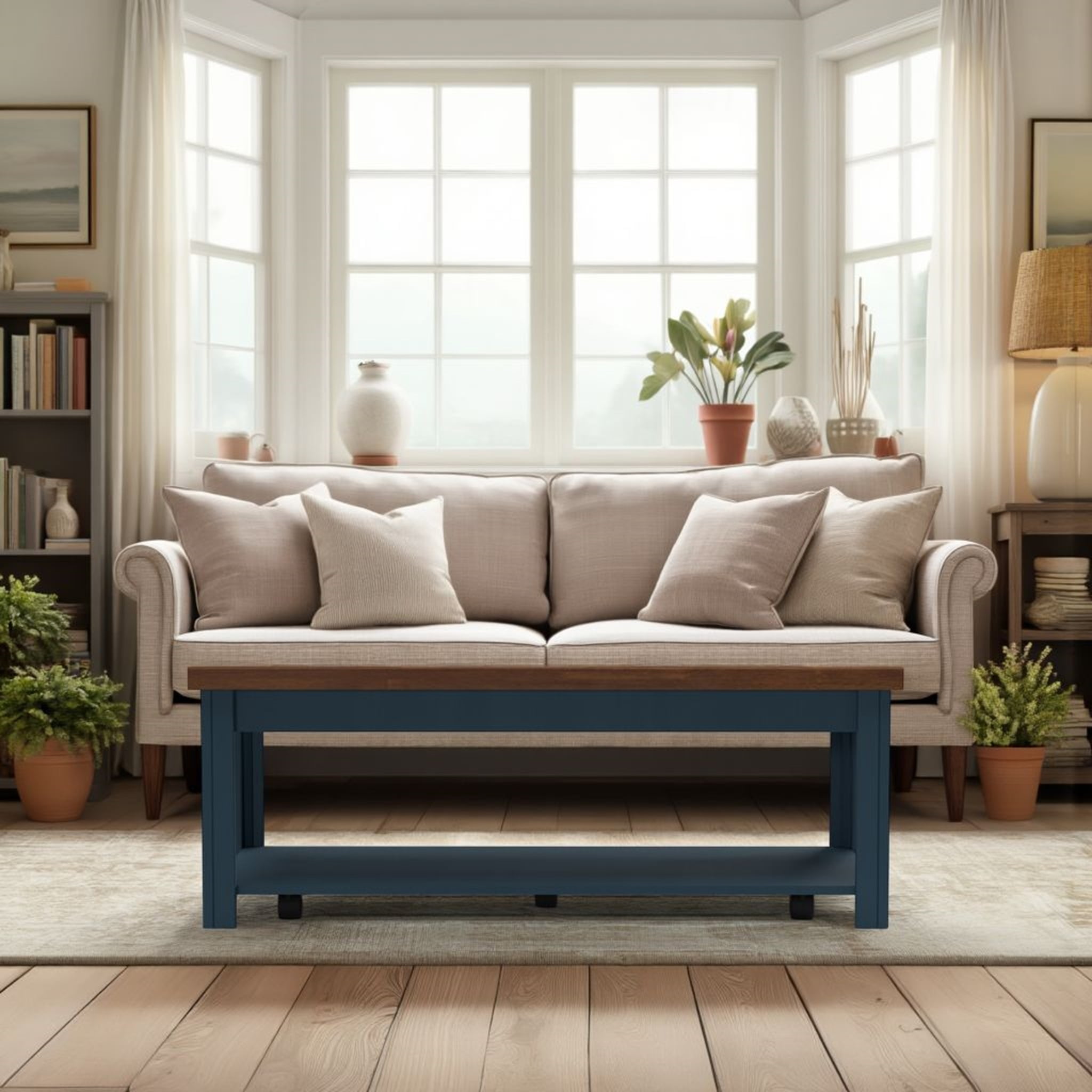 Nantucket 48 inch Coffee Table, No Assembly Required, Blue Denim and Whiskey Finish