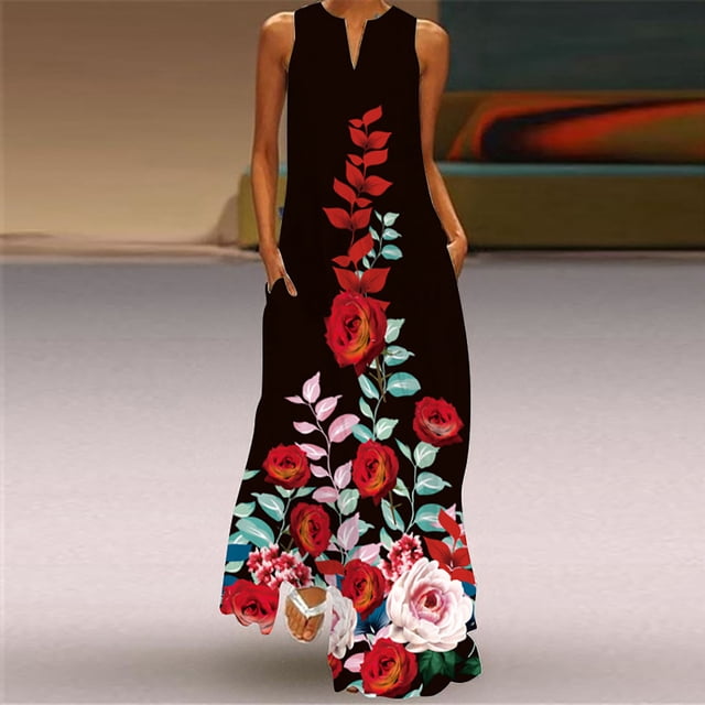 SMihono Robe Maxi Bohème d'Été pour Femmes Grande Taille Robe Longue Décontractée avec Poche Imprimé Floral Sans Manches Robe Maxi de Plage