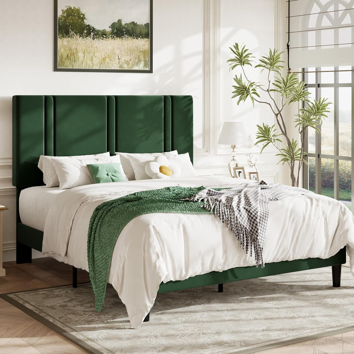 Allewie Full Platform Bed Frame with Adjustable Headboard, Plush Velvet Upholstered, Vertical Channel Tufted, Sturdy Wooden Slats, No Box Spring Needed, Easy Assembly, Green