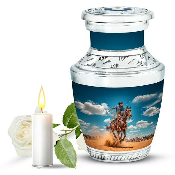 JAGASY Cowboy Small Urn for Child, Blue Urn for Ashes Adult Male, Horse White Clouds & Blue Sky Decorative Urns for Boy - Memorial Cremation Urns for Girl - (3 Inch)