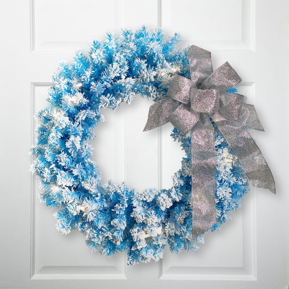 Northlight Pre-Lit Flocked Pine Artificial  Christmas Wreath - 24" - Sky Blue - Clear Lights