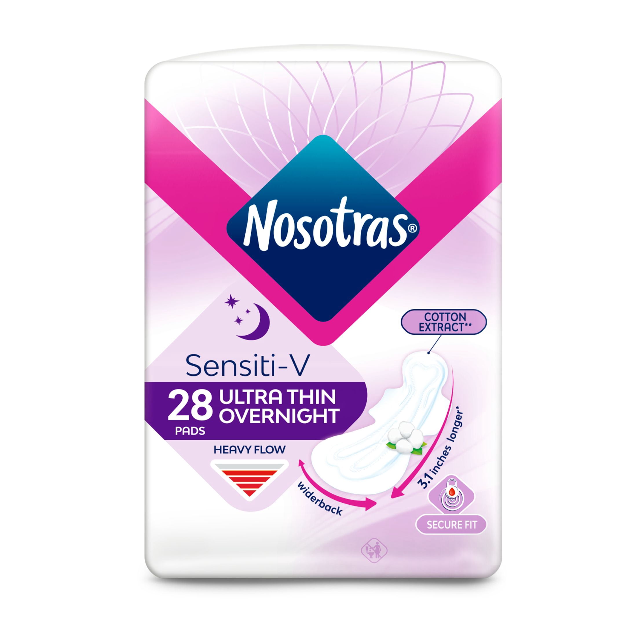 Nosotras Ultra Thin Overnight Sensiti-V Pads, Cotton Extract, Heavy Flow (28 Count)