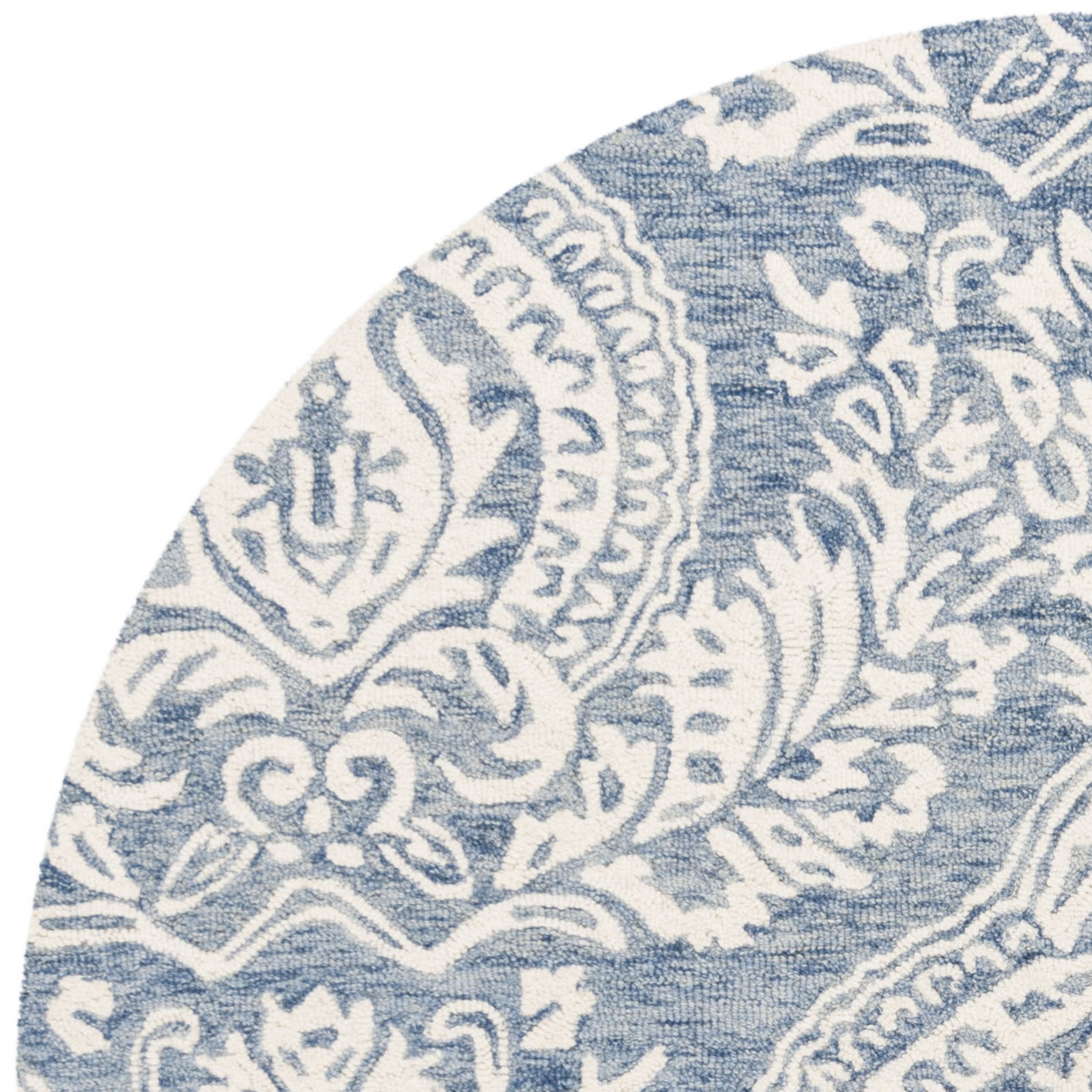 SAFAVIEH Micro-Loop Jaydon Damask Floral Wool Area Rug, Blue/Ivory, 5' x 5' Round
