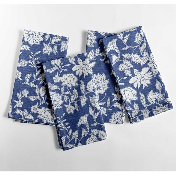 Vargottam Artisanal Floral Block Print Cotton Napkin-Set of 4, 20x20 Inches, Blue with White Accents Cloth Napkins, Perfect for Elegant Dining, Brunches, Spring& Summer Gatherings - Machine Washable