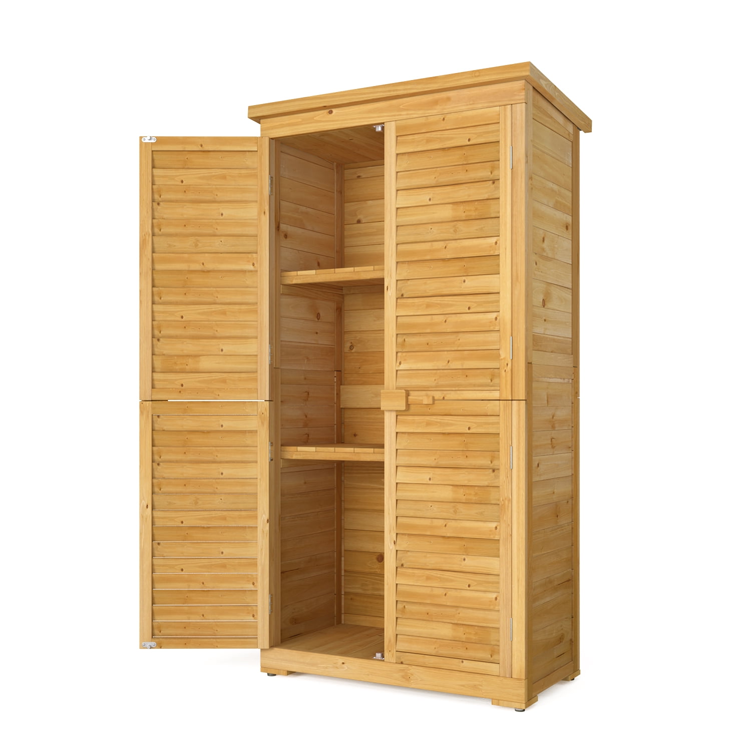 Asofer Wooden Outdoor Storage Shed, Waterproof Sloping Roof, Adjustable Shelves & Lockable Door, Natural