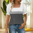 thumbnail image 2 of Women's Square Neck Tops Striped Colorblock Trendy Casual Summer Ruffled Short Sleeve T-shirts Blouses (L, Gray), 2 of 5