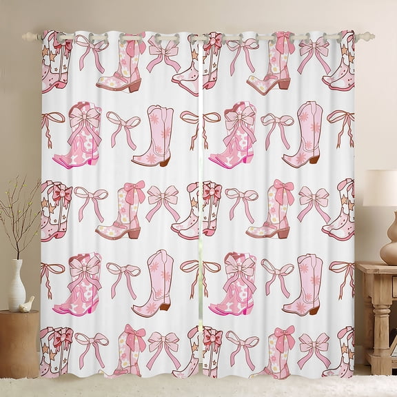 Homewish Cute Bowtie Ribbon Black Out Curtains,Pink Cowgirl Boots Curtains Pack of 2 (42x63 Each),Cartoon Bow Knot Bedroom Curtains For Girls Teens,Microfiber Bedroom Decor