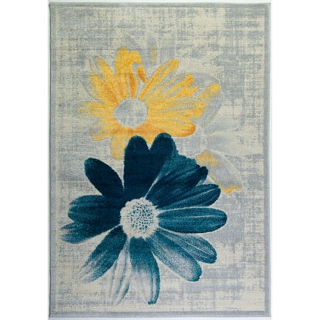 Teal Floral Pattern Ladole Rugs Boston Collection Contemporary Floral Pattern Area Rug Carpet in Teal Yellow, 3x5 (2'7
