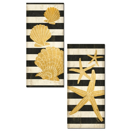 Gold Sea Shell (Tropical Black and Gold Sea Shell and Starfish Striped Panels; Coastal Decor; Two 8x18in Unframed Paper)