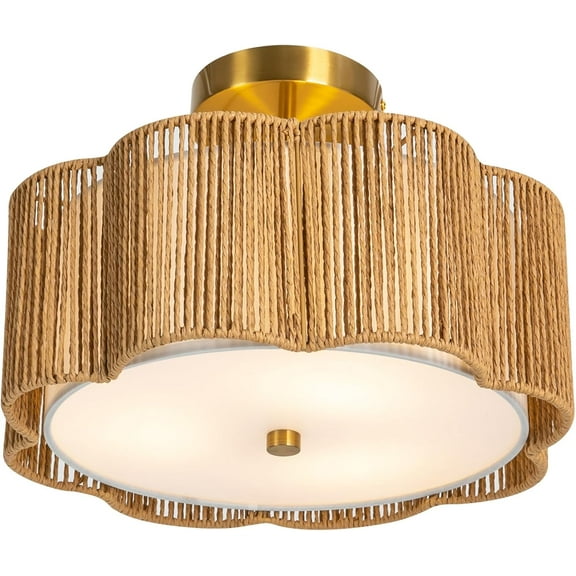 3-Light Farmhouse Ceiling Lamp Rattan Semi Flush Mount Ceiling Light Handmade Flower Shape Lighting Wicker Ceiling Light for Hallway Bedroom Kitchen Entryway