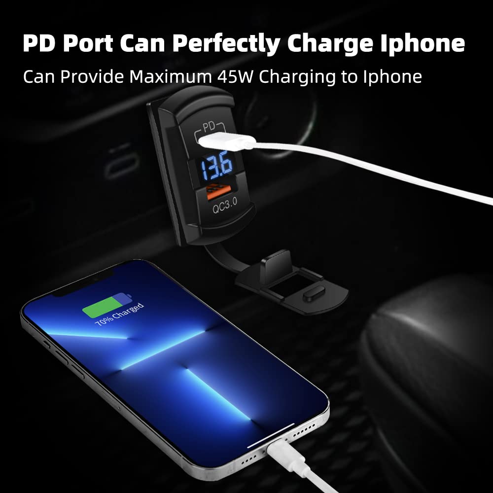 USB Rocker Switch USB C Charger Socket with Waterproof Cover Dual PD and QC3.0 12V/24V Blue Led Voltmeter for Rocker Type Marine Switch Panel On Marine Rv Vehicles…