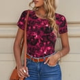 thumbnail image 4 of KLL Women 's Crew Neck Bodysuit Jumpsuits Burgundy Tie Dye Print Short onesies Stretch T Shirts, 4 of 5