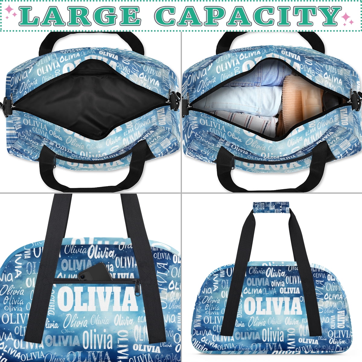 Personalized Sport Dance Gym Bag Duffle Bag Customized Travel Duffel Name Watercolor Blue