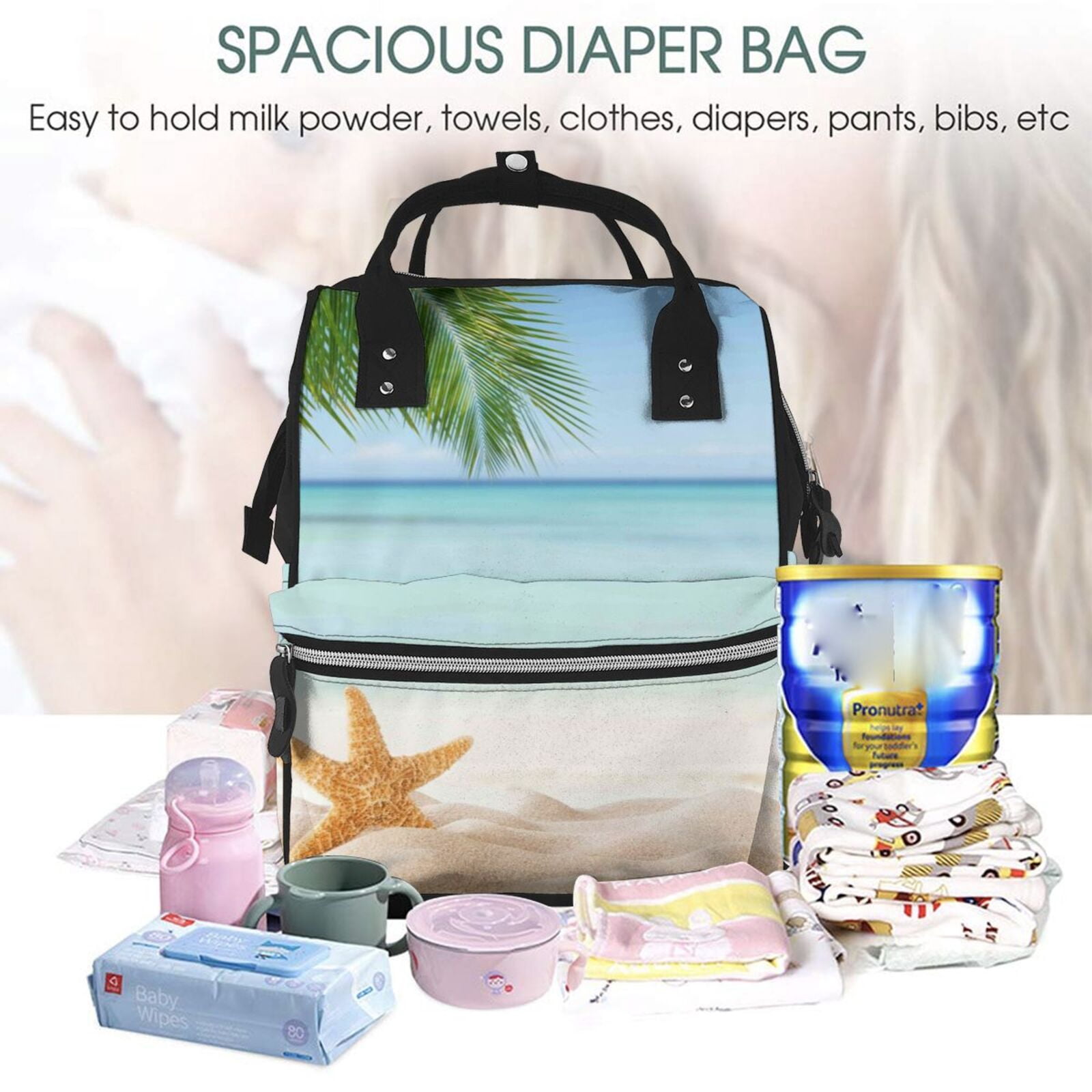 Defioc Starfish in Beach for Baby Diaper Bag Backpack - Baby Bag for Boys & Girls - Diaper Backpack - Large Travel Diaper Bags- Baby Registry Search & Shower Gifts