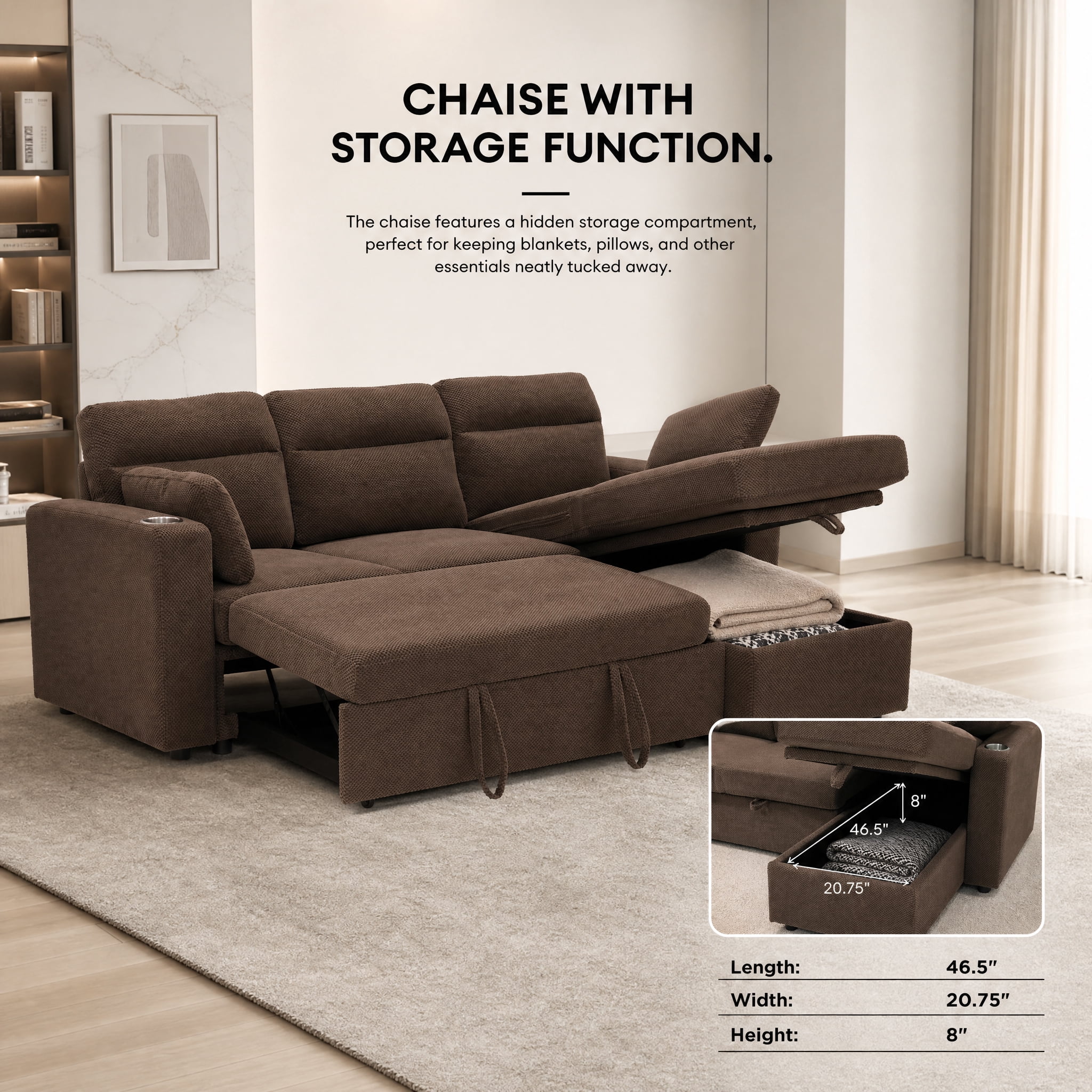Leumius 82.5" Sectional Sofa with Pull-Out Bed,L-Shaped Sofa with Storage Chaise, Cup Holders and 2 Pillows,Coffee