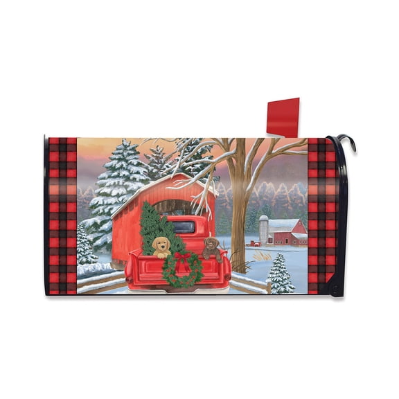 Briarwood Lane Winter Mailbox Cover  - Standard Size - Winter Puppy Pickup Christmas For Christmas Mailbox Cover