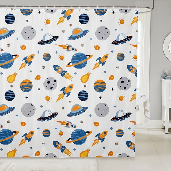 Manfei Cartoon Planets Shower Curtain 72Wx72L,Cute Rocket Print Bathroom Curtain,Blue Orange White