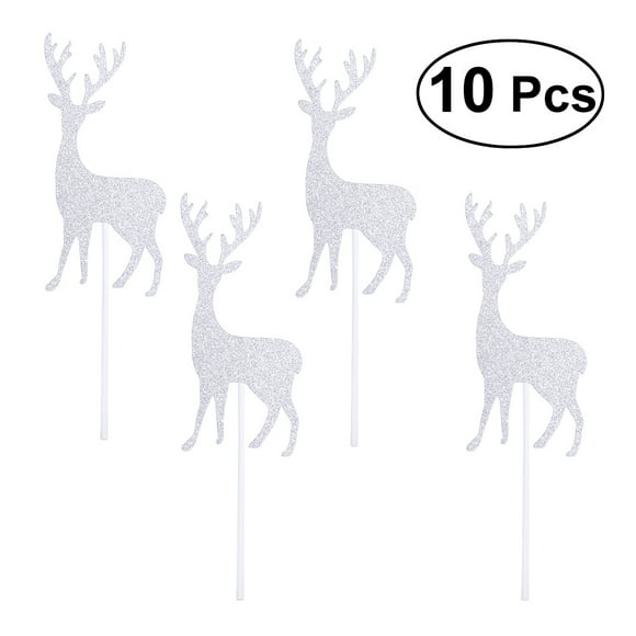 10pcs Glitter Christmas Elk Deer Cake Cupacake Toppers Picks For Christmas Birthday Home Party Cake Decoration Supplies (Style 2, Silver)