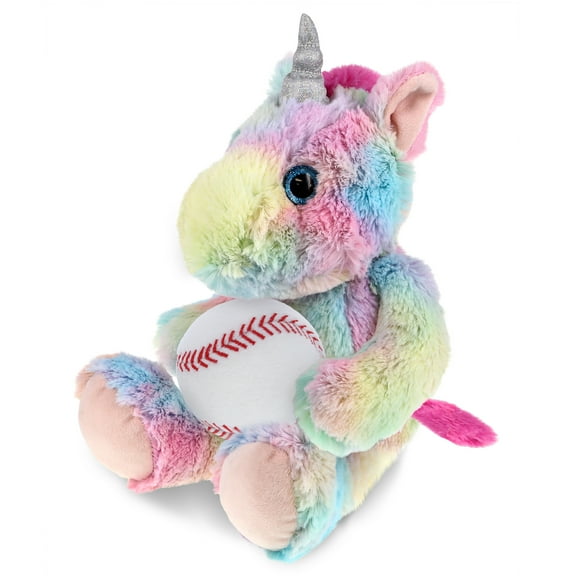 DolliBu Sitting Rainbow Unicorn Stuffed Animal with Baseball Plush - Soft Huggable Unicorn, Playtime Plush Toy, Cute Fantasy Gift, Super Soft Plush Doll Animal Toy for Kids and Adults - 10 Inches