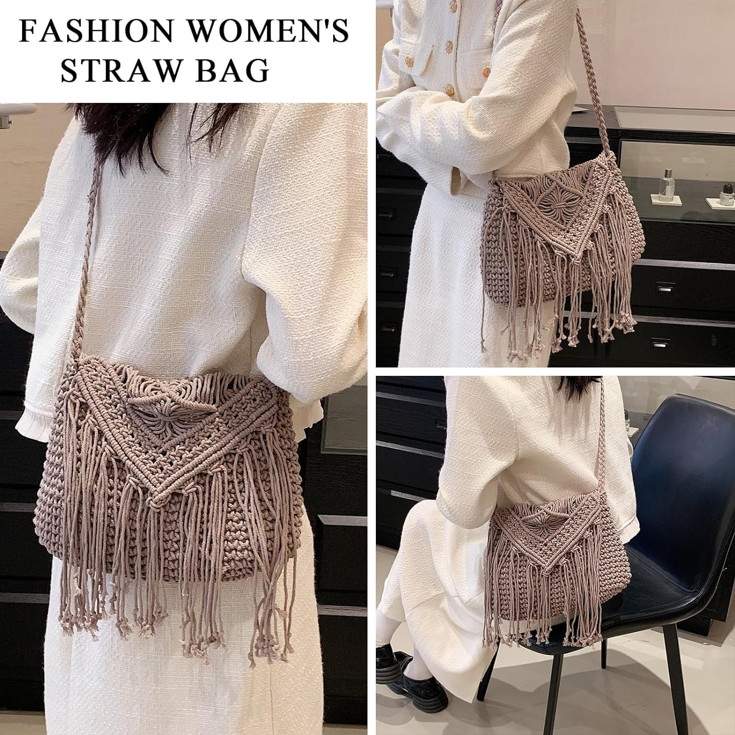 LinYooLi Straw Crossbody Bags for Women, Summer Straw Purses and Handbags with Tassels Shoulder Clutch Bag for Vacation
