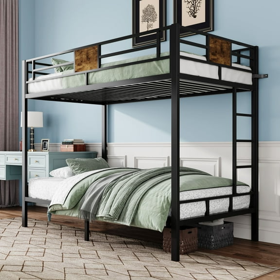 Allewie Metal Twin over Twin Bunk Beds Frame with Stairs & 13''Full-Length Guardrail, Space-Saving, Black