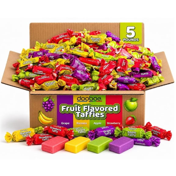 Classic Taffy Candy Bulk Pack, 5 lb Assorted Fruity Chewy Candy (Approx. 280 Pieces), Individually Wrapped Taffy in Apple, Strawberry, Grape & Banana Flavors