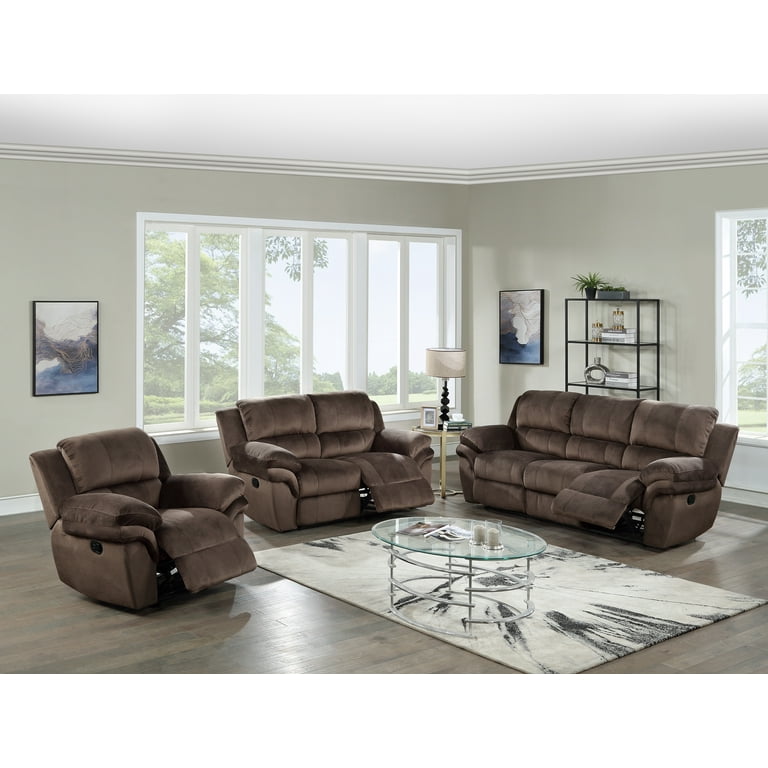 Luxury Living Room Reclining Motion Chocolate Padded Suede Cushion 3pcs Sofa set Sofa Loveseat Glider Recliner Fabric