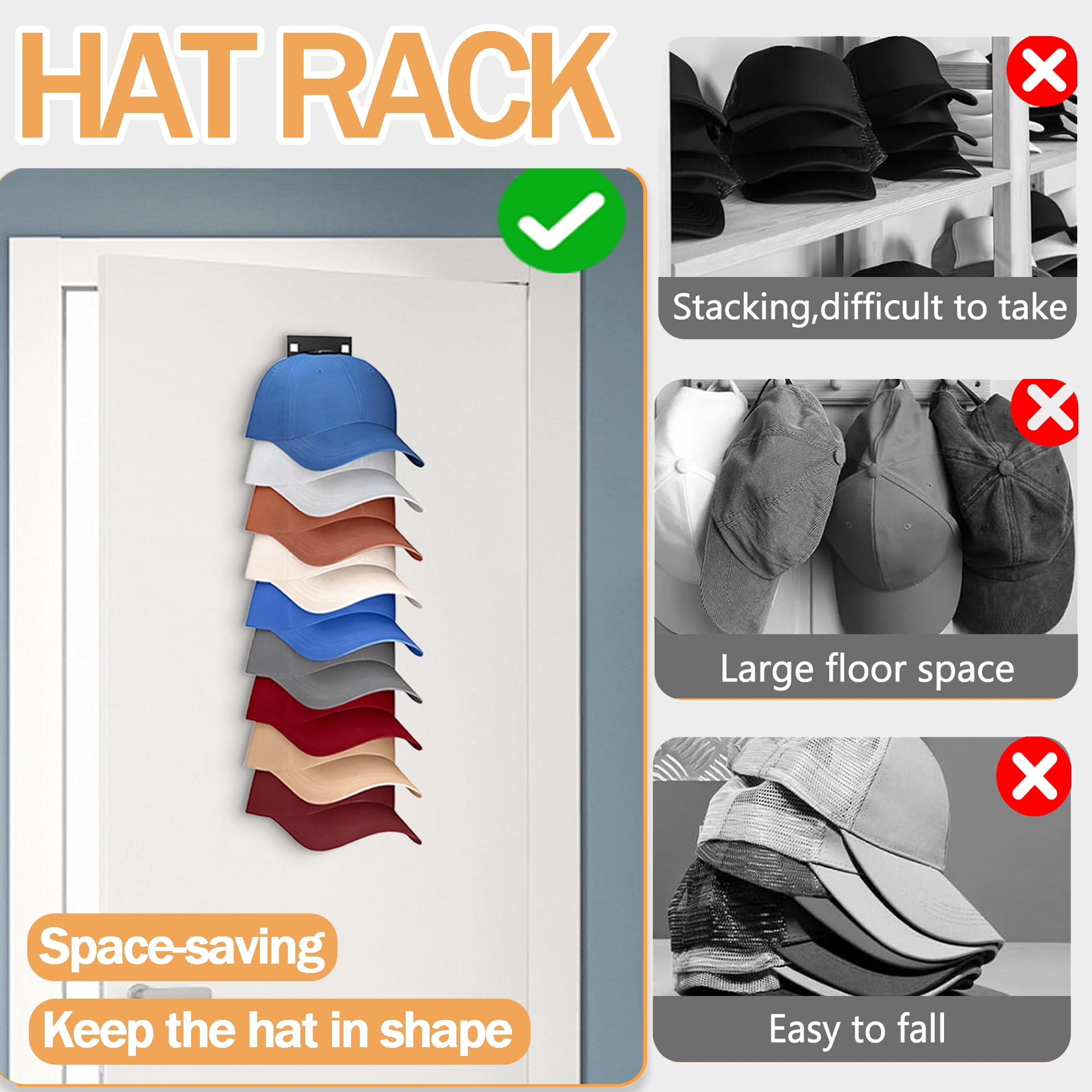 2 Pack Hat Organizer, Hat Rack for Baseball Caps, Multilayer Hat Storage Display Holder, Strong Adhesive Hat Storage Rack for Wall, Hat Rack Hold up to 18 Hats for Closet Door and Bedroom (Black)