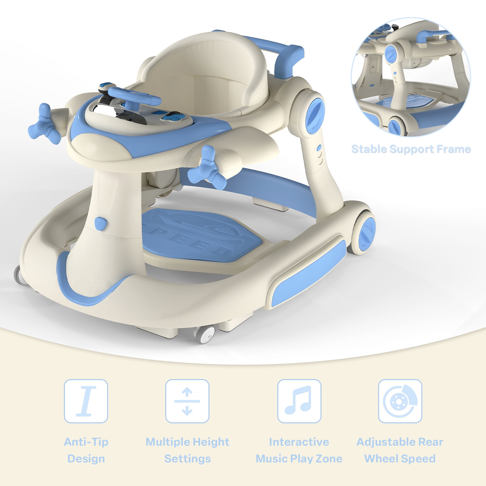 AILEEKISS 5-in-1 Musical Baby Walker with Wheels, Foldable Baby Walker for Boys Girls, Blue