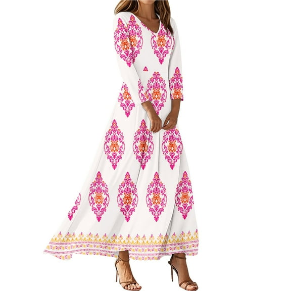 Elegant Long Dresses For Women 2025 Long Sleeve V Neck Vintage Tunic WaistedMaxi Dress Floral Printed Beach Clothes Trendy Boho Dresses