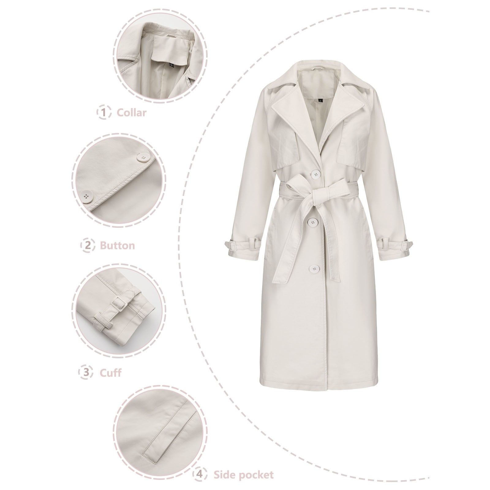 UTSJKR Women's Faux Leather Trench Coat 2024 Fall Winter Long Sleeve Belted Overcoat Trendy Loose Fit Lapel Button Down Jacket White L