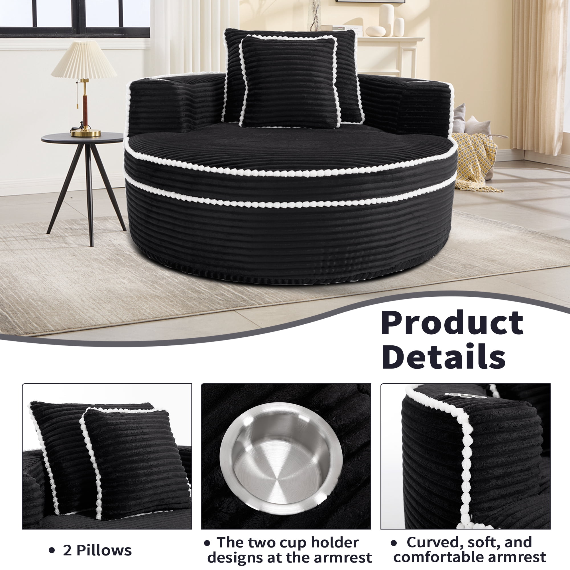 Round Sofa Bed with Memory Foam Sectional Couches for Living Room, Cloud Couch with Two Pillows, Black