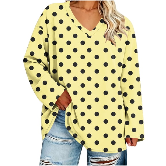 Yutgune Women's Plus Size Polkad T Shirt Long Sleeve V Neck Tops for Women Casual Loose Fit Tunic Shirt,L-5xl